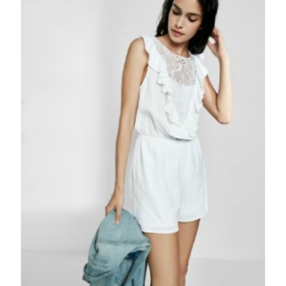 Express Pants - EUC Express white ruffle front romper with lace